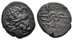 MYSIA. Pergamon. (Mid-late 2nd century BC).
AE Bronze (15,4mm 3,6g)
Obv: Laureate head of Asklepios right
Rev: ΑΣΚΛΗΠΙΟΣ / ΣΩΤΗΡΟΣ. Serpent-entwine...