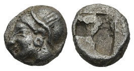 IONIA. Phokaia. (Circa 521-478 BC).
AR Diobol (9,1mm 1,14g)
Obv: Archaic female head left, wearing earring and helmet or close fitting cap.
Rev: Qu...