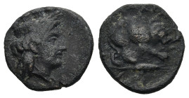 MYSIA. Plakia. (4th century BC).
AE Bronze (12,8mm 1,64g)
Obv: Turreted head of Kybele right.
Rev: ΠΛΑΚΙΑ. Lion, devouring prey, standing right on ...