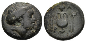 TROAS. Larissa-Ptolemais.(4th century BC)
AE Bronze (18,1mm 4,42g)
Obv: Female head right, hair in sphendone
Rev: Λ-Α Ρ-Ι. Amphora; grape bunch abo...