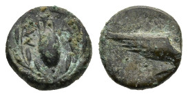 IONIA. Samos. (Circa 394-365 BC).
AE Bronze (8,4mm 0,5g)
Obv: Prow of Samian galley right.
Rev: ΣA. Amphora within wreath.
SNG Tübingen 3277; BMC ...