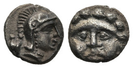 PISIDIA. Selge (Circa 350-300 BC)
AR Obol (9,6mm 0,94g)
Obv: Facing gorgoneion.
Rev: Helmeted head of Athena right; astragalos to left.
SNG BN 193...