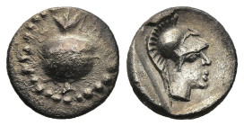 PAMPHYLIA. Side. (circa mid-5th century BC)
AR Obol (10,1mm 0,75g)
Obv: Helmeted head of Athena right, within incuse square
Rev: Pomegranate; dotte...