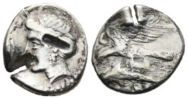 PAPHLAGONIA. Sinope. (Circa late 4th century BC).
AR Drachm (18,2mm 4,2g)
Obv: Head of nymph left, hair held hair in saccos, wearing sphendone, trip...
