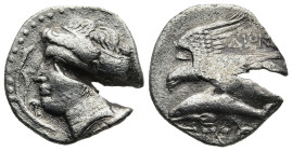 PAPHLAGONIA. Sinope. (Circa late 4th century BC).
AR Drachm (20,1mm 4,6g)
Obv: Head of nymph left, hair held hair in saccos, wearing sphendone, trip...