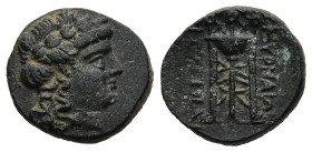 IONIA. Smyrna. (Circa 280-270 BC). Uncertain magistrate.
AE Bronze (13,4mm 1,9g)
Obv: Laureate head of Apollo right.
Rev: [...] / ΣMYPNAIΩN. Tripod...