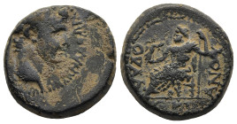 PHRYGIA. Synnada. Tiberius (14-37 AD)
Bronze (18,4mm 5,2g)
Obv: ϹΕΒΑϹΤΟϹ ϹΥΝΝΑΔΕΩΝ. Bare head right.
Rev: ΟΥΑΛΕΡΙΑΝΟΥ. Zeus seated left on throne, ...