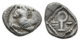 CILICIA. Tarsos. (425-400 BC)
AR Obol (8mm 0,63g)
Obv: Forepart of Pegasos to left.
Rev: Persian dynastic monogram in a square dotted border, Arama...