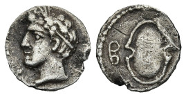 CILICIA. Tarsos. Balakros, Satrap of Cilicia (333-323 BC)
AR Obol (10,6mm 0,62g)
Obv: Male head left
Rev: Boeotian shield; B to left
Extremely Rar...