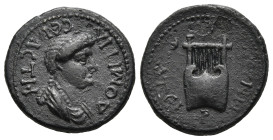 LYDIA. Thyateira. Domitia, Augusta (82-96 AD)
AE Bronze (16,8mm 2,3g)
Obv: ΔΟΜΙΤΙΑ ϹЄΒΑϹΤΗ. Draped bust right.
Rev: ΘΥΑΤΕΙΡΗΝΩΝ. Lyre.
RPC II, 944...