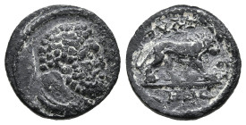 LYDIA. Thyateira . Pseudo-autonomous issue (circa 100-300 AD).
AE Bronze (14,2mm 1,6g)
Obv: Head of Herakles right
Rev: ΘVΑTЄIPHNΩN, lion advancing...