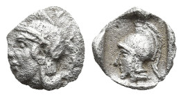 LYCIA. Uncertain (Xanthos?). (Circa 4th century BC)
AR Hemiobol (7,4mm 0,27g)
Obv: Helmeted head of Athena left.
Rev: Helmeted head of Athena left....