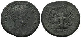 Marcus Aurelius (AD 161-180). Rome
AE Sestertius (34mm 23,1g)
Obv: M ANTONINVS AVG GERM SARM TR P XX. Laureate head right
Rev: Pile of arms consist...
