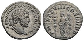Caracalla (AD 198-217). Rome
AR Denarius (19,8mm 2,08g)
Obv: ANTONINVS PIVS AVG GERM. Laureate head to right
Rev: P M TR P XVIII COS IIII P P. Fide...