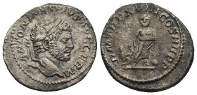 Caracalla (198-217 AD). Rome
AR Denarius (20,3mm 3g)
Obv: ANTONINVS PIVS AVG GERM. Laureate head right.
Rev: P M TR P XVIII COS IIII P P. Aesculapi...