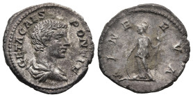 Geta as Caesar (198-209 AD). Rome
AR Denarius (19,4mm 2,7g)
Obv: GETA CAES PONTIF. Bust of Geta, bare-headed, draped, right.
Rev: MINERVA, Minerva,...