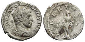 Elagabalus (AD 218-222). Rome
AR Denarius (18,3mm 2,77g)
Obv: IMP ANTONINVS PIVS AVG. Laureate and draped bust right.
Rev: LIBERTAS AVG. Libertas s...