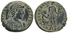 Theodosius I (AD 379-395). Siscia
AE Follis (22,1mm 6,7g)
Obv: D N THEODO-SIVS P F AVG. Pearl-diademed, draped and cuirassed bust of Theodosius I to...