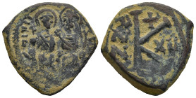 Justin II with Sophia (AD 565-578). dated RY 12 = 576/7
AE Half Follis (24,1mm 6,93g)
Obv: Justin II, holding globus cruciger in his right hand, and...