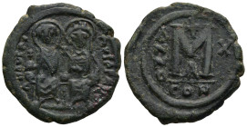 Justin II with Sophia (565-578 AD). Constantinople. dated RY 10 = 574/5
AE Follis (30.9mm 12.96g)
Obv: DN IVSTI NVS PP AVC. Nimbate figures of Justi...