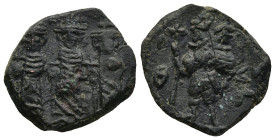 Constans II, with Constantine IV, Heraclius, and Tiberius (641-668 AD). Constantinople
AE Follis (19,5mm 1,5g)
Obv: Rev. Constantine IV, Heraclius a...