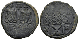 Leo IV the Khazar, with Constantine VI, Leo III, and Constantine V (AD 775-780). Constantinople mint.
AE Follis (24,4mm 5,6g)
Obv: Crowned facing bu...