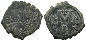 Michael II with Theophilus (820-829 AD) Constantinople
AE Follis (225,3mm 4,4g)
Obv: MIXA-HL S ΘEOFI, facing busts of Michael, wearing crown and chl...