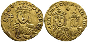 Theophilus, with Constantine and Michael II (AD 829-842). Constantinople
AV Solidus (20,4mm 4,1g)
Obv: ✱ΘЄOFILOS bASILЄ Θ. Facing bust of Theophilus...