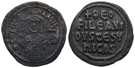 Theophilus (829-842 AD). Constantinople
AE Follis (30,2mm 7,5g)
Obv: ΘEOFIL BASIL. Crowned half-length bust of Theophilus facing, holding labarum an...