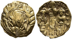 Andronicus II Palaeologus, with Michael IX (AD 1282-1328). Constantinople mint
AV Hyperpyron Nomisma (20,5mm 3g)
Obv: Half-length facing figure of t...