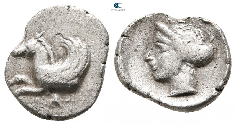 Akarnania. Leukas 400-375 BC. 
Diobol AR

13 mm., 1,11 g.

Forepart of Pega...