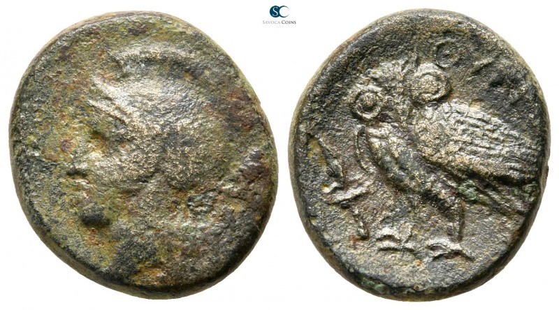 Akarnania. Thyrrheion circa 300 BC. 
Bronze Æ

17 mm., 4,67 g.

Head of Ath...