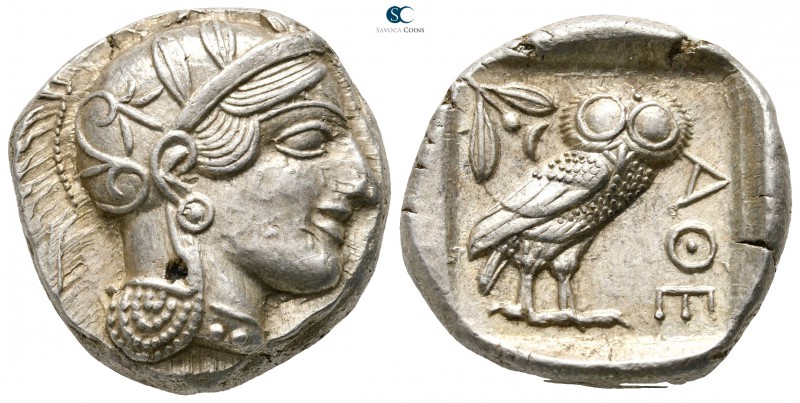 Attica. Athens circa 454-404 BC. 
Tetradrachm AR

25 mm., 17,26 g.

Head of...