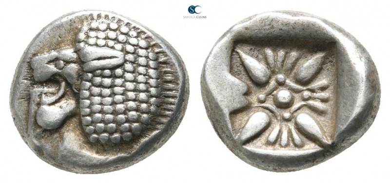 Ionia. Miletos circa 500 BC. 
Diobol AR

10 mm., 1,17 g.

Forepart of lion ...