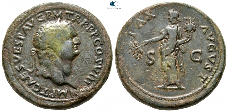 Titus AD 79-81. Struck AD 80-81. Rome
Sestertius Æ

35 mm., 26,06 g.

IMP T...