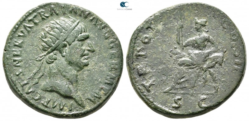 Trajan AD 98-117. Rome
Dupondius Æ

28 mm., 13,32 g.

IMP CAES NERVA TRAIAN...