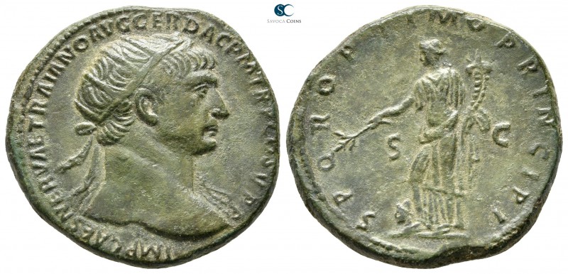Trajan AD 98-117. Rome
Dupondius Æ

27 mm., 11,53 g.

IMP CAES NERVAE TRAIA...