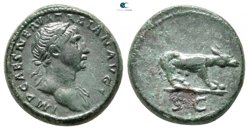 Trajan AD 98-117. Rome
Quadrans Æ

15 mm., 3,29 g.

IMP CAES NERVA TRAIAN A...