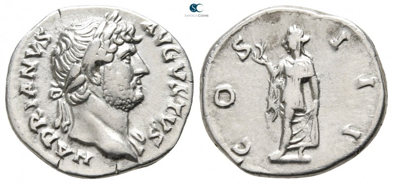 Hadrian AD 117-138. Rome
Denarius AR

18 mm., 3,39 g.

HADRIANVS AVGVSTVS, ...