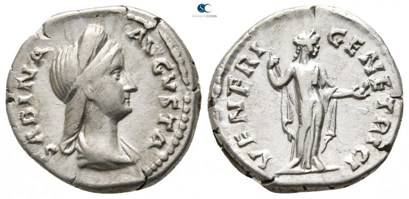 Sabina Augusta AD 128-137. Rome
Denarius AR

17 mm., 3,38 g.

SABINA AVGVST...