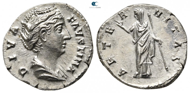 Diva Faustina I AD 140-141. Rome
Denarius AR

17 mm., 3,17 g.

DIVA FAVSTIN...