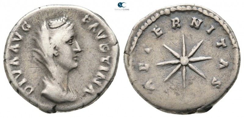 Diva Faustina I AD 140-141. Rome
Denarius AR

17 mm., 3.44 g.

DIVA AVG FAV...
