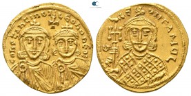 Constantine V Copronymus, with Leo IV and Leo III AD 741-775. Struck circa AD 756-764. Constantinople. Solidus AV