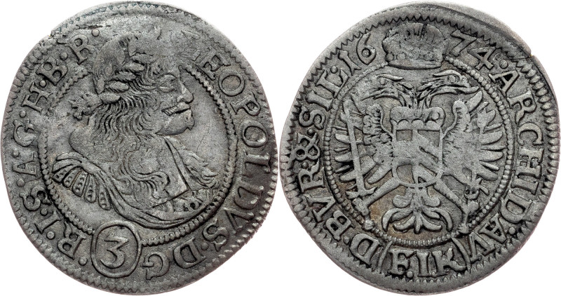 Leopold I., 3 Kreuzer 1674, FIK, Oppeln Habsburg, Leopold I., 3 Kreuzer 1674, FI...