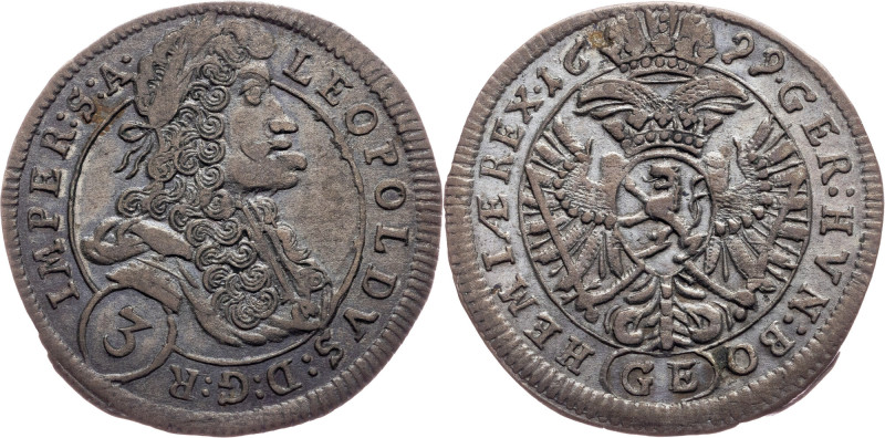 Leopold I., 3 Kreuzer 1699, GE, Prague Habsburg, Leopold I., 3 Kreuzer 1699, GE,...