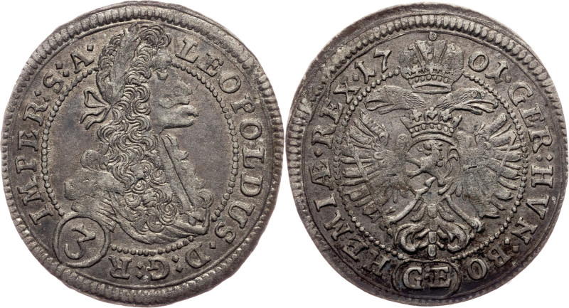 Leopold I., 3 Kreuzer 1701, GE, Prague Habsburg, Leopold I., 3 Kreuzer 1701, GE,...
