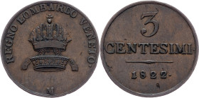 Italy, 3 Centesimi 1822, M