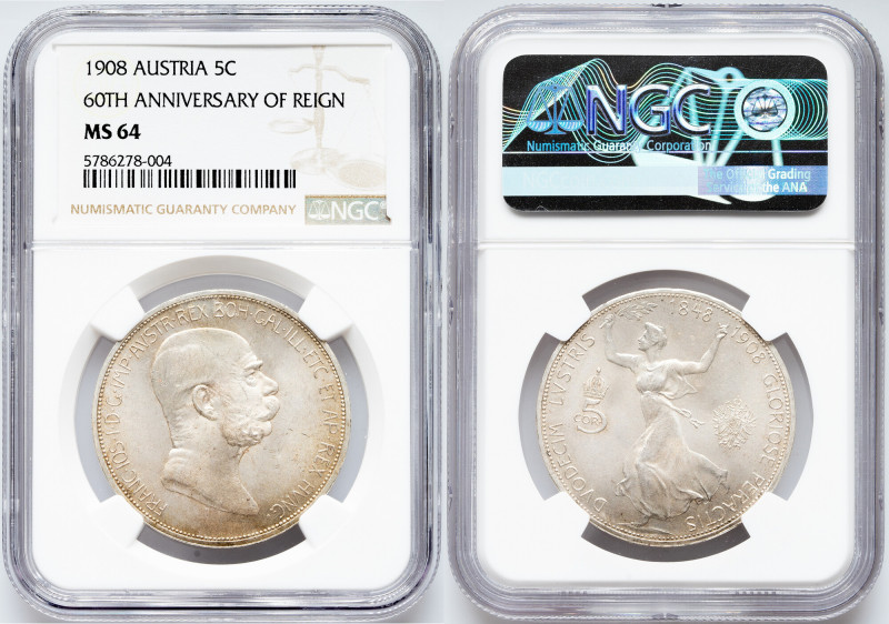 Franz Joseph I., 5 Krone 1908, Vienna Habsburg, Franz Joseph I., 5 Krone 1908, V...