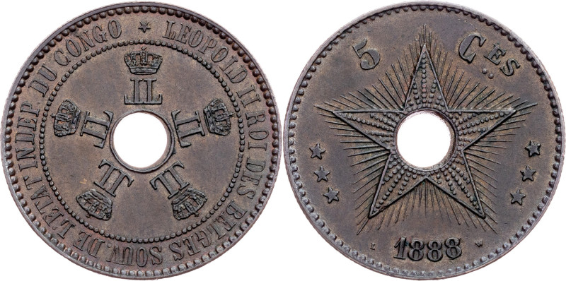 Belgian Congo, 5 Centimes 1888 Belgian Congo, 5 Centimes 1888, KM# 3, Toned; aUN...