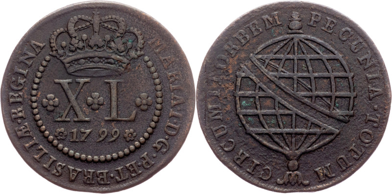 Brazil, 40 Reis 1799 Brazil, Cobre, 40 Reis 1799, LMB C362; VF

Grade: VF